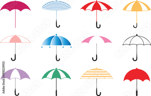 A delightful collection of twelve colorful umbrellas with varied patterns and shapes on a white background