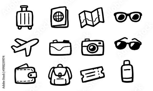 Set of hand-drawn travel icons including suitcase, passport, camera, airplane, and map. Minimalist black ink doodle style for vacation planning.