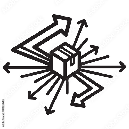 Logistics distribution icon featuring a cardboard box with multi-directional arrows representing global shipping, supply chain management, and e-commerce delivery routes in a clean line art style.