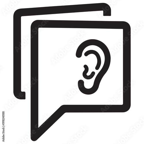 Minimalist Black and White Line Icon of an Ear Inside Overlapping Speech Bubbles Representing Active Listening, Communication, and Feedback for Modern Business and Customer Support Interfaces