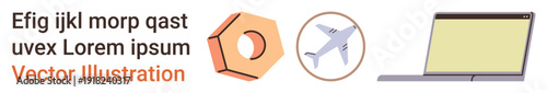 Engineering, travel planning, aviation, technology, online work, digital tools. A hex nut, airplane and laptop icons are featured. Engineering and travel planning concepts illustrated