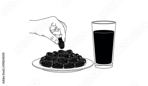 A hand picking up Date from a plate next to a glass of juice on a Ramadan  with a simple black and white design