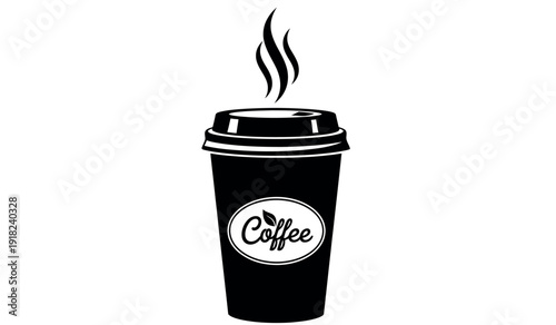 Black coffee cup with steam rising from top and coffee logo on side