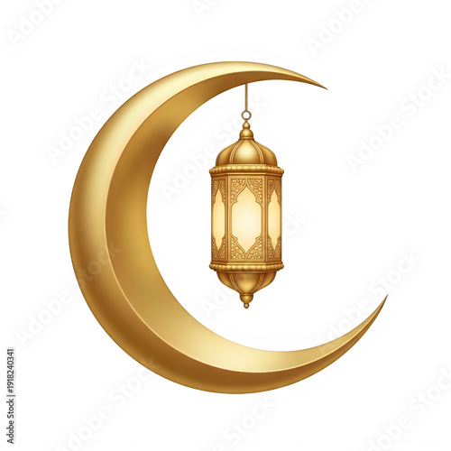 Golden crescent moon with lantern isolated on a transparent background