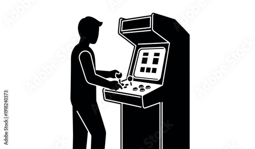 A black silhouette of a man playing a classic arcade video game machine with a joystick and buttons