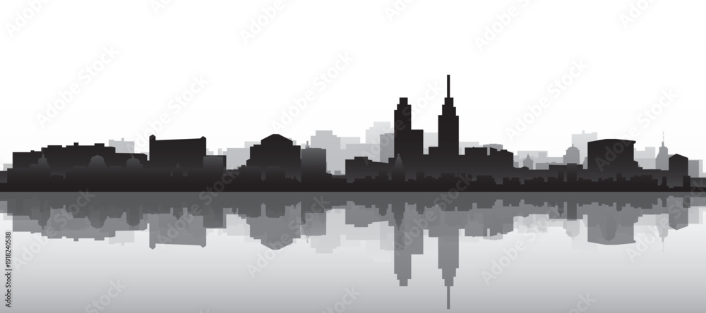 Fototapeta premium Black and white panoramic poster of the city skyline with misty background buildings and water reflection of PHILADELPHIA, PENNSYLVANIA
