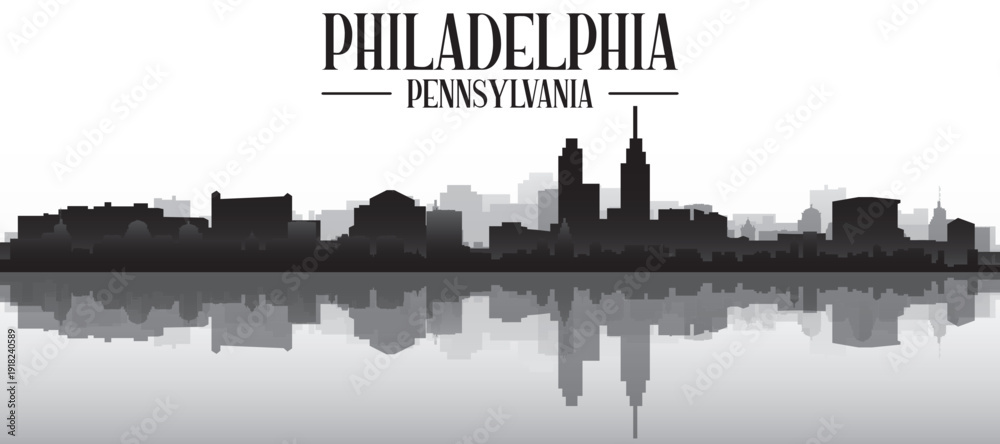 Fototapeta premium Black and white panoramic poster of the city skyline with misty background buildings and water reflection of PHILADELPHIA, PENNSYLVANIA