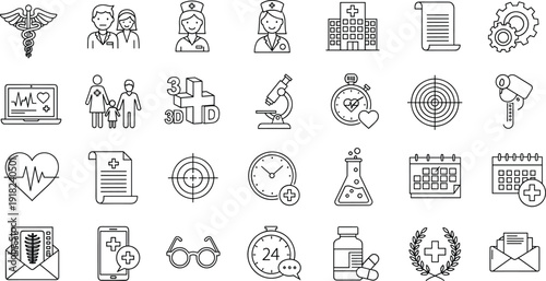 Healthcare icons, medical services, hospital care, patient treatment, wellness monitoring, pharmacy tools, clinical support, doctor nurse, medicine design, prevention
