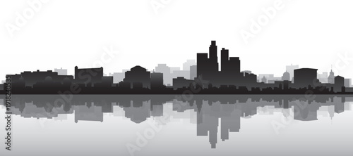Black and white panoramic poster of the city skyline with misty background buildings and water reflection of LOS ANGELES, CALIFORNIA