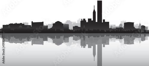 Black and white panoramic poster of the city skyline with misty background buildings and water reflection of CHICAGO, ILLINOIS