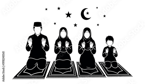Black and white illustration of a muslim family praying together on mats at night with crescent moon and stars