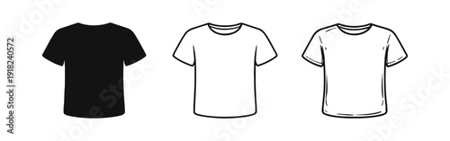 Blank T-shirt icon set. Casual wear apparel. Fashion clothing template in black, outline, and doodle styles.