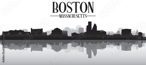 Black and white panoramic poster of the city skyline with misty background buildings and water reflection of BOSTON, MASSACHUSETTS