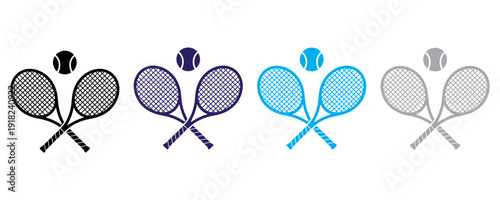 Set of four tennis rackets with blue and black mesh isolated on white background
