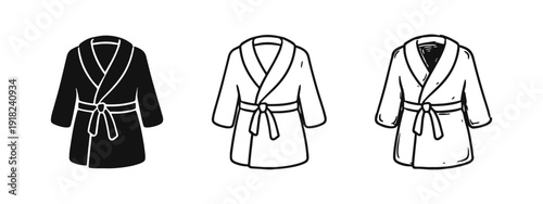 Bathrobe icon set. Comfortable spa and home wear. Loungewear textile in black, outline, and doodle styles.