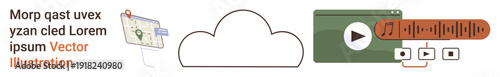 Cloud computing, digital storage, navigation, music streaming, media accessibility, online services. A cloud icon, map with location pin and media player technology. Cloud computing and digital