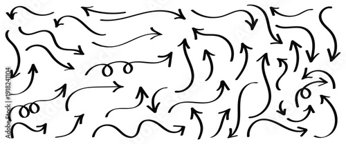 Collection of hand drawn arrow icons. Collection of hand drawn black arrow icons doodle sketch style curvy wavy straight directional pointers isolated on white background. 