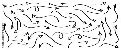 Collection of hand drawn arrow icons. Collection of hand drawn black arrow icons doodle sketch style curvy wavy straight directional pointers isolated on white background. 