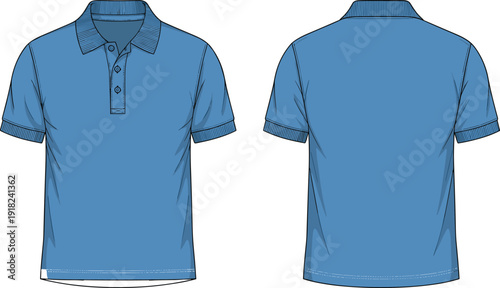Technical, fashion, sketch, of, a, classic, short, sleeve, blue, polo, shirt, cad, drawing, flat, vector, illustration, front, and, back, view.
