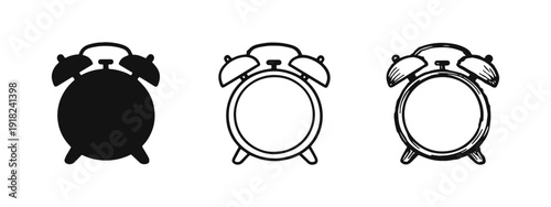Set of three alarm clock icons in different styles: solid, outline, and hand-drawn. Time, reminder, and punctuality symbols.