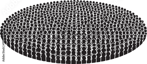 Dense crowd of black and white human silhouettes in an oval shape