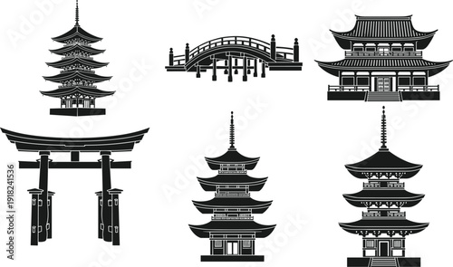 Vector, silhouette, set, of, traditional, Japanese, architecture, including, pagodas, torii, gate, and, bridge, cad, drawing, flat, illustration, isolated, white, background.