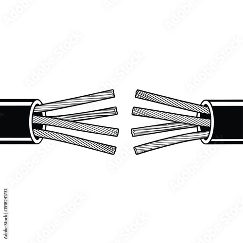 A broken electrical cable with exposed wires illustrating disconnection