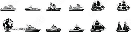 Vector, silhouette, set, of, various, modern, transport, ships, sailing, boats, and, world, globe, icon, cad, drawing, flat, illustration, isolated, white.