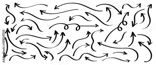 Doodle style hand drawn Curved arrow lines ideal for social media and marketing, graphic design, project and presentation. Abstract vector arrows isolated on a white background.