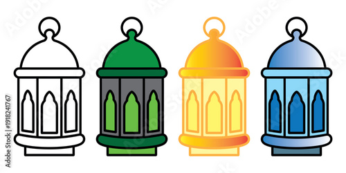 Set of four colorful lanterns glowing warmly isolated on white background festive decor