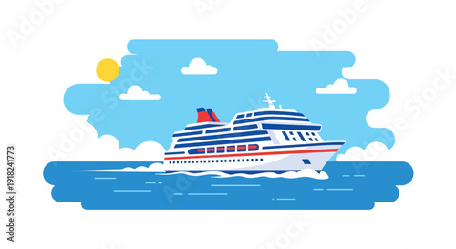 Spring travel vector poster featuring cruise ship sailing across ocean with bright seasonal sky. Tourism and luxury vacation concept for travel marketing and promotion