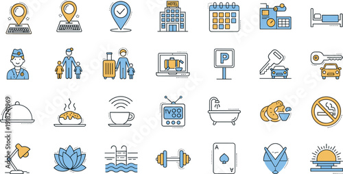 Hotel icons, travel services, booking interface, hospitality graphics, vacation amenities, guest experience, comfort features, tourism visuals, accommodation tools, concierge design