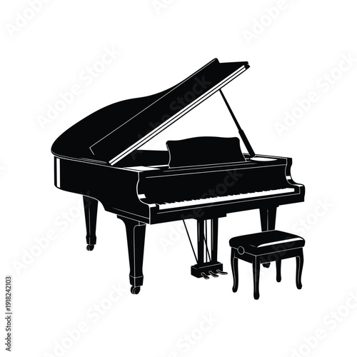 A sleek black grand piano and matching bench in a silhouette style