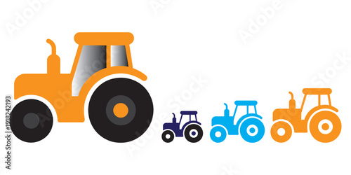 Line of colorful farm tractors illustration isolated on white background