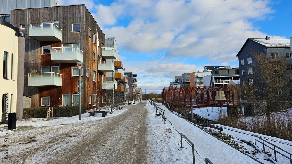 Fototapeta premium Sweden. Houses and streets of Linkoping in winter. Östergötland province.