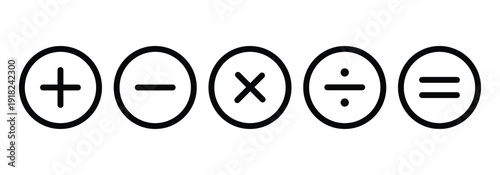 Plus, minus, multiply, divide and equals icon set in black circular frame. Flat vector icon set isolated on a white background.