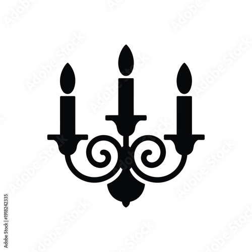 Simple black silhouette of a three candle chandelier with ornate details