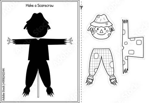 Make a scarecrow cut and glue game with cute farm character in outline. Black and white educational activity page for kids. On the farm coloring page. Vector illustration