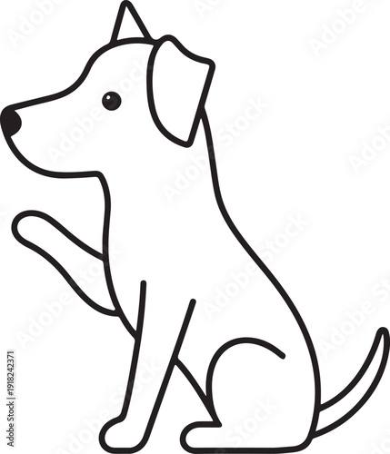 Simple black and white cartoon dog sitting with floppy ears and tail