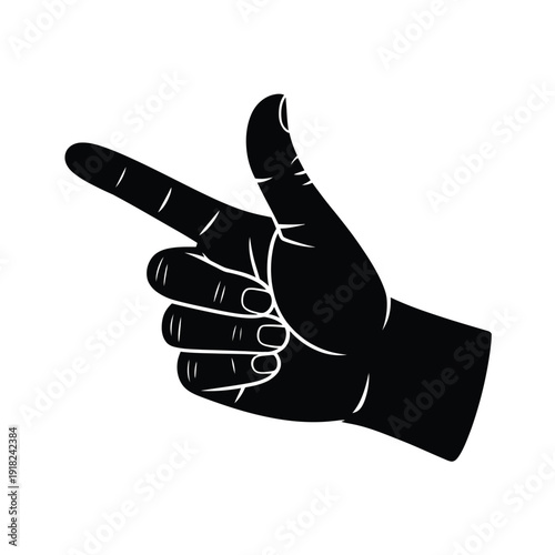 A stark black silhouette of a hand pointing to the right
