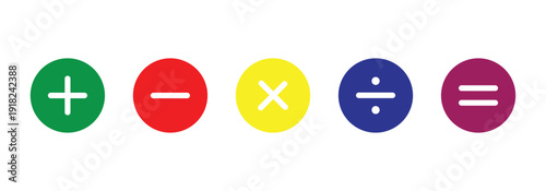 Plus, minus, multiply, divide and equals sign in different colored circular frame. Flat vector icon set isolated on a white background.