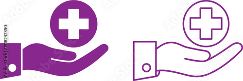 Healthcare and medical support vector icon, featuring hands holding a heart and cross symbol, ideal for first aid, hospital services, medical applications, health campaigns