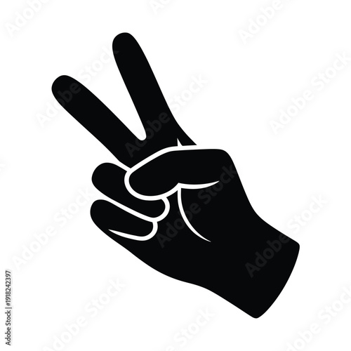 A black silhouette depicting a hand showing the victory or peace sign
