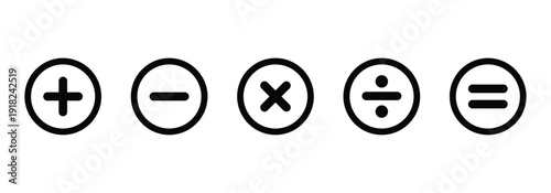 Plus, minus, multiply, divide and equals icon set in black circular frame. Flat vector icon set isolated on a white background.