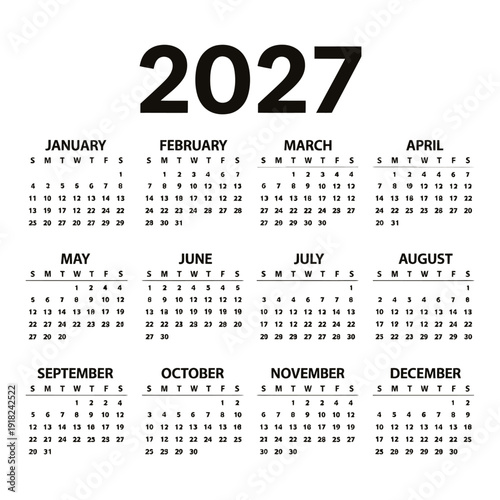 A complete 2027 calendar displaying all months and dates clearly