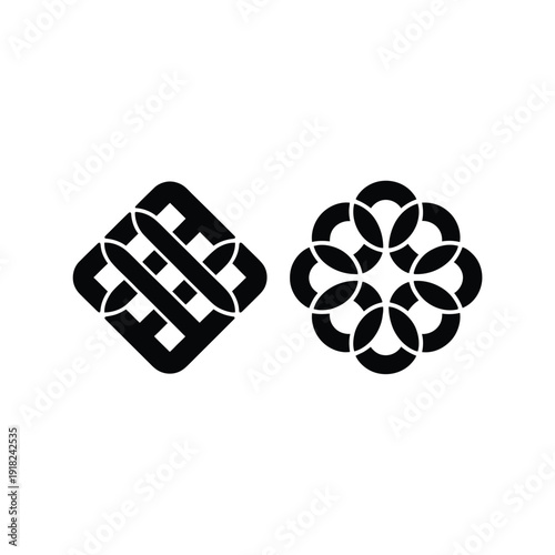 Two black geometric designs a square and a circular pattern