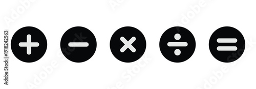 Mathematical plus, minus, multiply, divide and equal icon set vector on white background ideal for calculators, financial applications and educational project work.