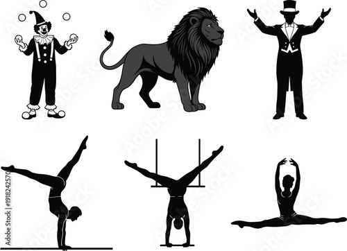 Vector, silhouette, set, of, circus, performers, and, animals, including, clown, lion, ringmaster, and, acrobats, cad, drawing, flat, illustration, isolated, white.