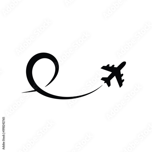 A simple black silhouette of an airplane leaving a swirling trail