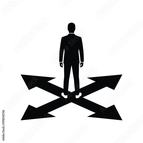 A silhouetted figure stands at a crossroads with arrows pointing in directions